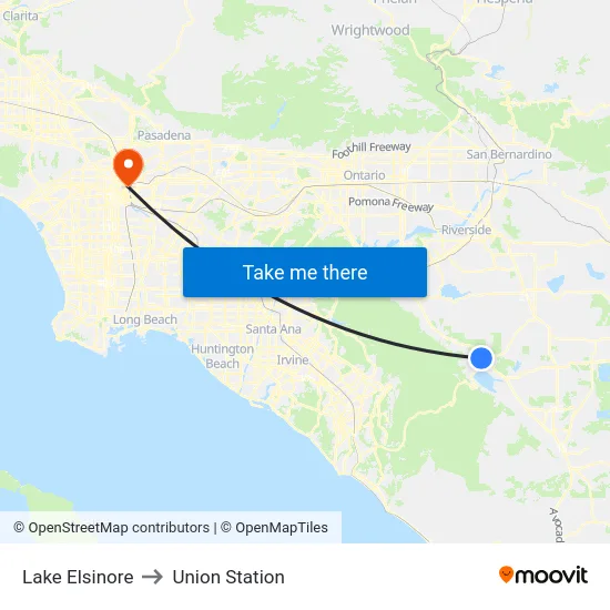 Lake Elsinore to Union Station map