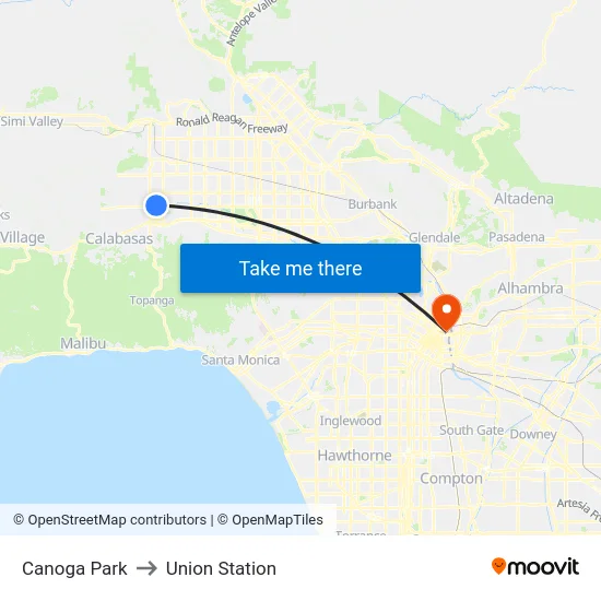 Canoga Park to Union Station map
