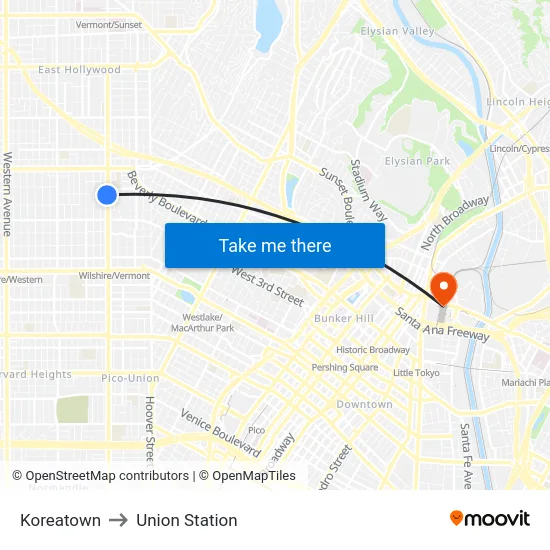 Koreatown to Union Station map