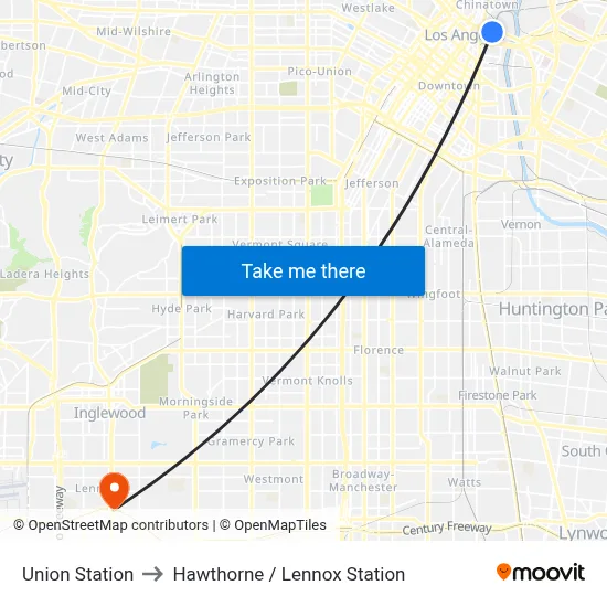 Union Station to Hawthorne / Lennox Station map