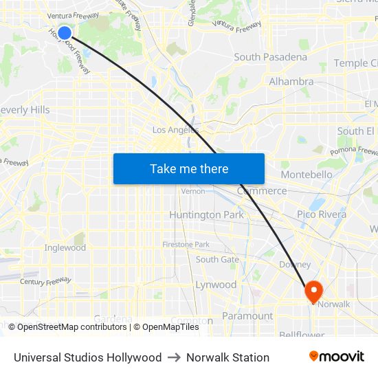 Universal Studios Hollywood to Norwalk Station map