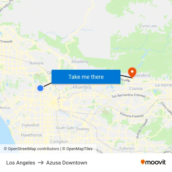 Los Angeles to Azusa Downtown map