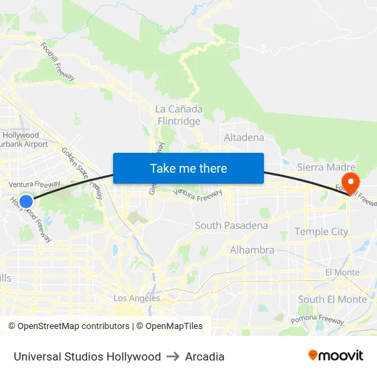 Universal Studios Hollywood to Arcadia map