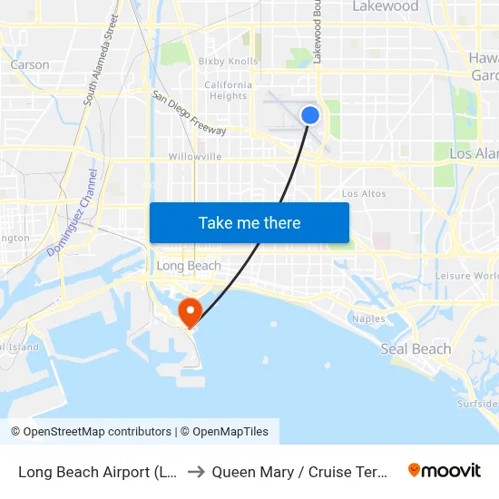 Long Beach Airport (LGB) to Queen Mary / Cruise Terminal map