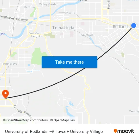 University of Redlands to Iowa + University Village map