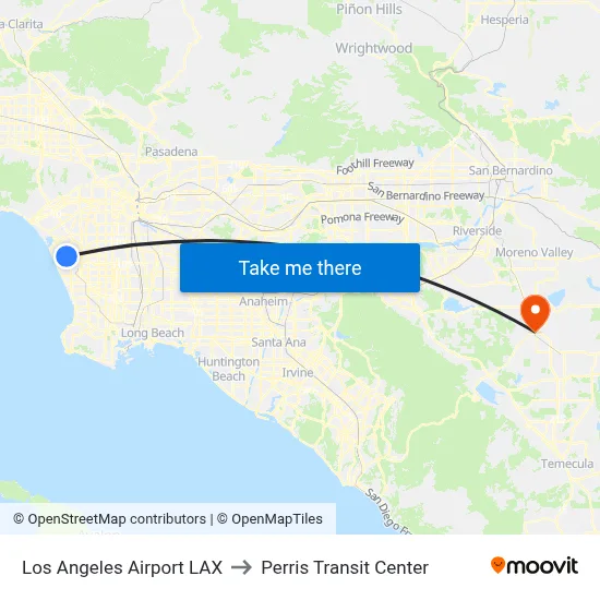 Los Angeles Airport LAX to Perris Transit Center map