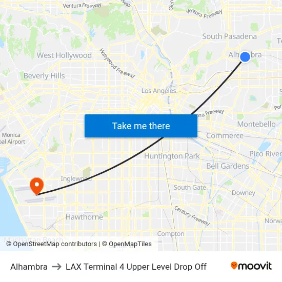 Alhambra to LAX Terminal 4 Upper Level Drop Off map