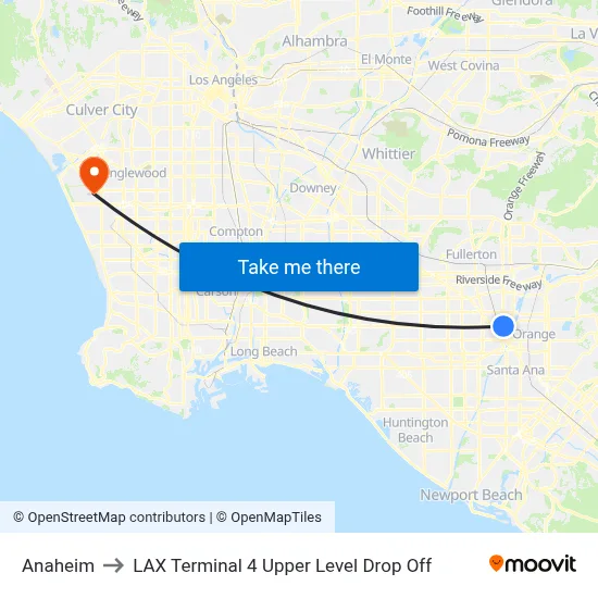 Anaheim to LAX Terminal 4 Upper Level Drop Off map