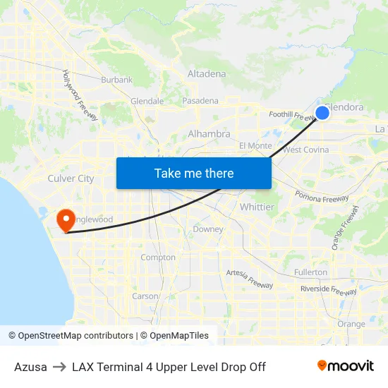 Azusa to LAX Terminal 4 Upper Level Drop Off map
