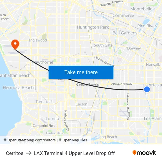 Cerritos to LAX Terminal 4 Upper Level Drop Off map