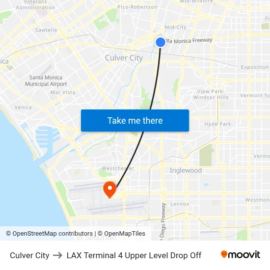 Culver City to LAX Terminal 4 Upper Level Drop Off map