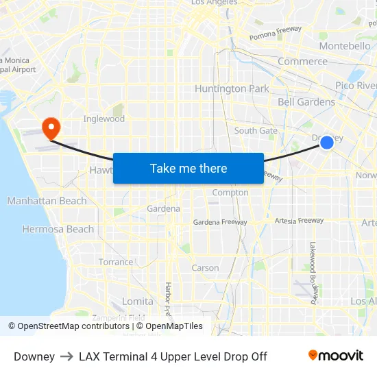 Downey to LAX Terminal 4 Upper Level Drop Off map
