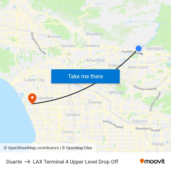 Duarte to LAX Terminal 4 Upper Level Drop Off map