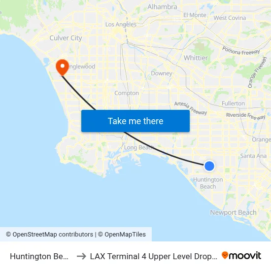 Huntington Beach to LAX Terminal 4 Upper Level Drop Off map