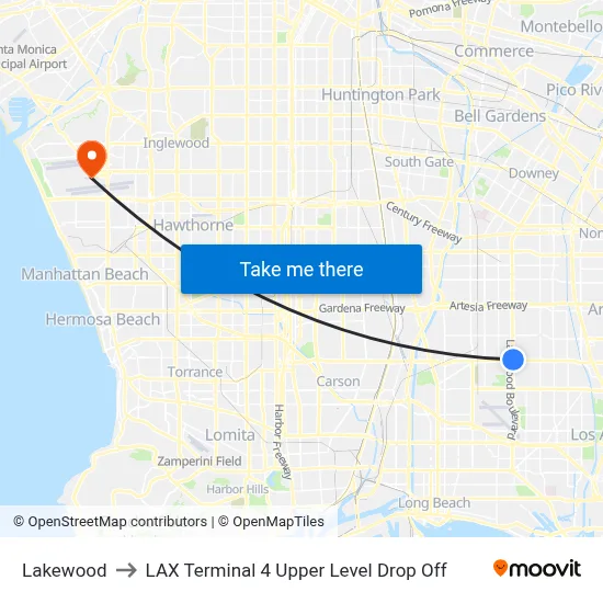 Lakewood to LAX Terminal 4 Upper Level Drop Off map