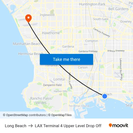 Long Beach to LAX Terminal 4 Upper Level Drop Off map