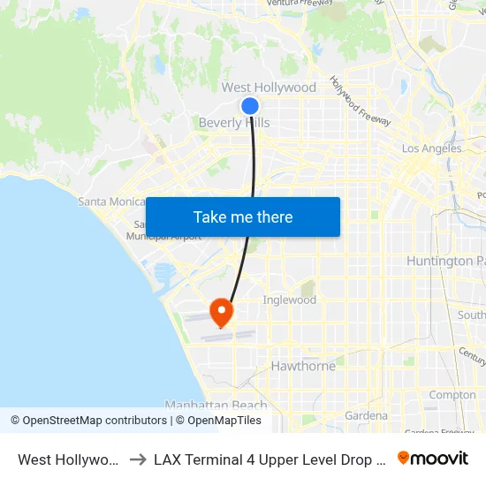 West Hollywood to LAX Terminal 4 Upper Level Drop Off map