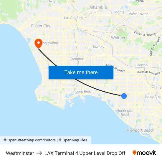 Westminster to LAX Terminal 4 Upper Level Drop Off map
