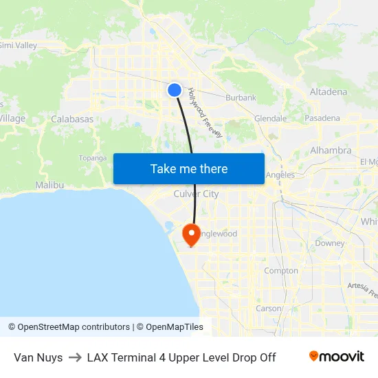 Van Nuys to LAX Terminal 4 Upper Level Drop Off map