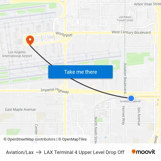 Aviation/Lax to LAX Terminal 4 Upper Level Drop Off map