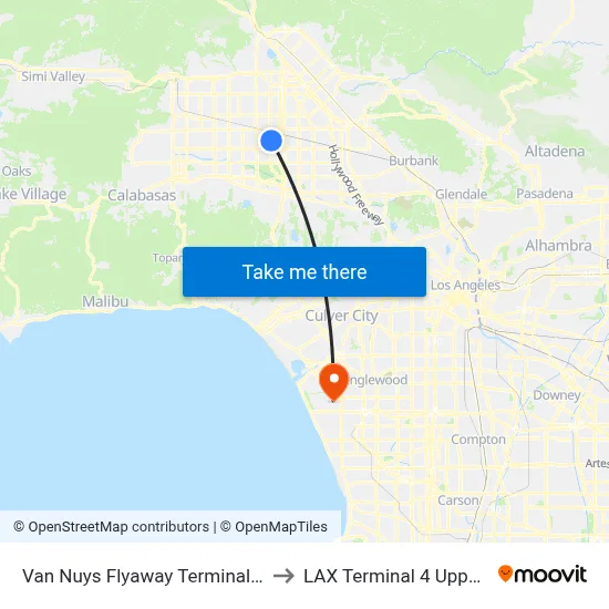 Van Nuys Flyaway Terminal - 7610 Woodley Ave to LAX Terminal 4 Upper Level Drop Off map