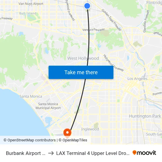Burbank Airport Bar to LAX Terminal 4 Upper Level Drop Off map