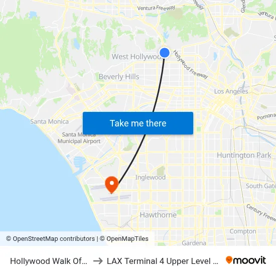 Hollywood Walk Of Fame to LAX Terminal 4 Upper Level Drop Off map