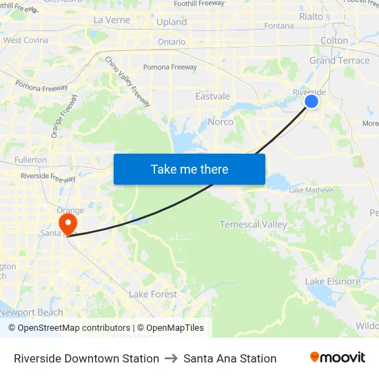 Riverside Downtown Station to Santa Ana Station map