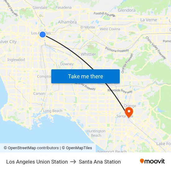 Los Angeles Union Station to Santa Ana Station map