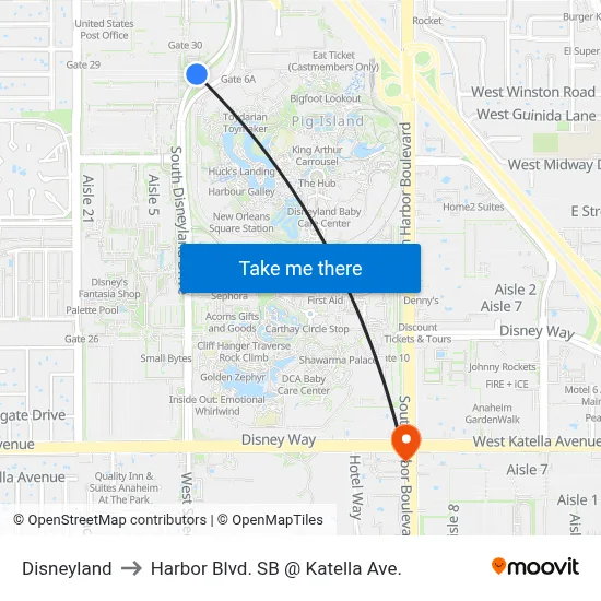 Disneyland to Harbor Blvd. SB @ Katella Ave. map
