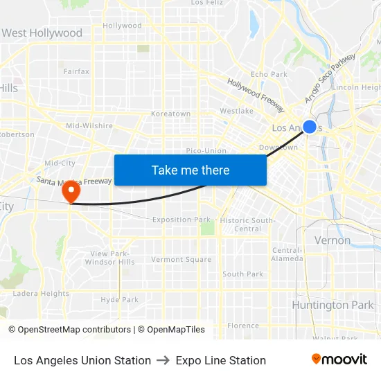Los Angeles Union Station to Expo Line Station map