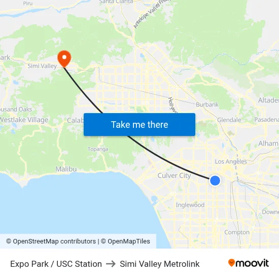 Expo Park / USC Station to Simi Valley Metrolink map