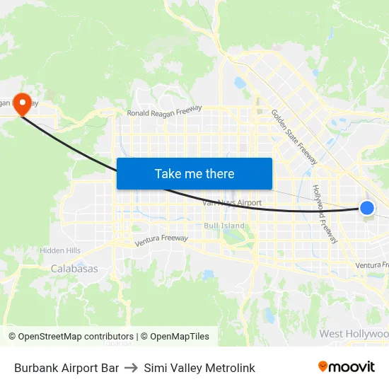 Burbank Airport Bar to Simi Valley Metrolink map