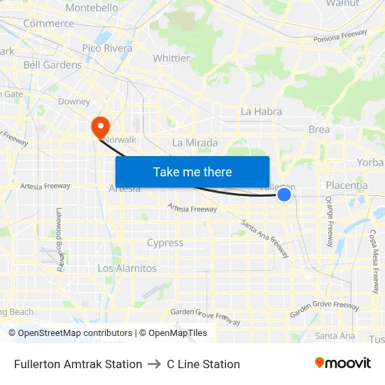 Fullerton Amtrak Station to C Line Station map