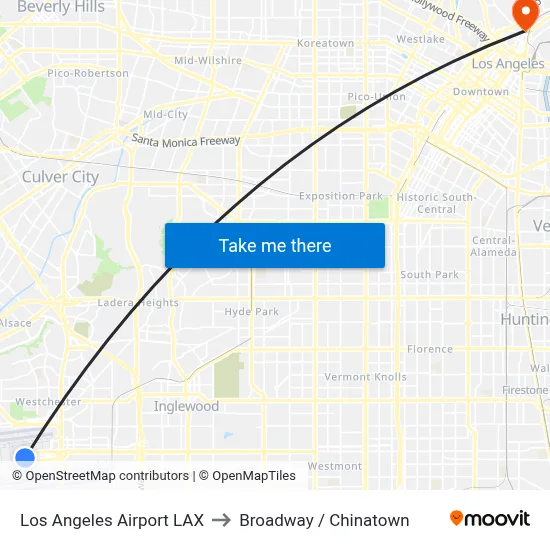 Los Angeles Airport LAX to Broadway / Chinatown map