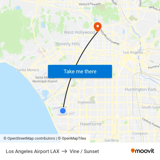 Los Angeles Airport LAX to Vine / Sunset map