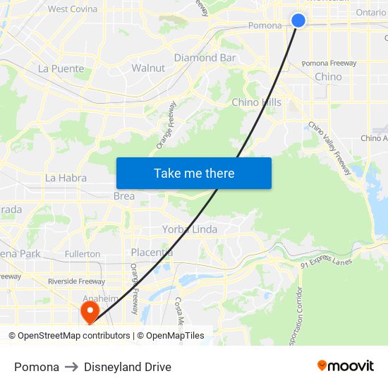 Pomona to Disneyland Drive map