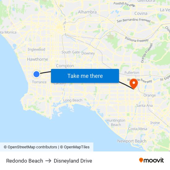 Redondo Beach to Disneyland Drive map
