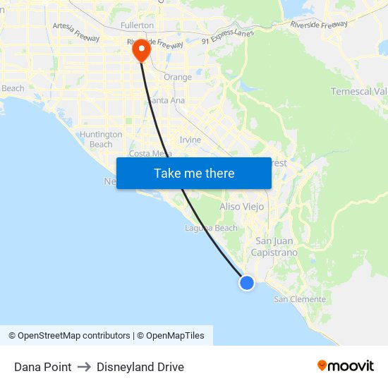 Dana Point to Disneyland Drive map