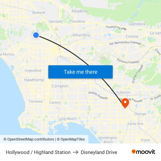 Hollywood / Highland Station to Disneyland Drive map