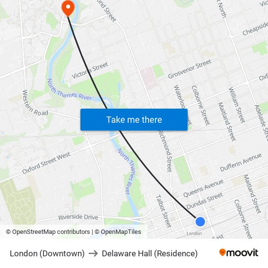 London (Downtown) to Delaware Hall (Residence) map