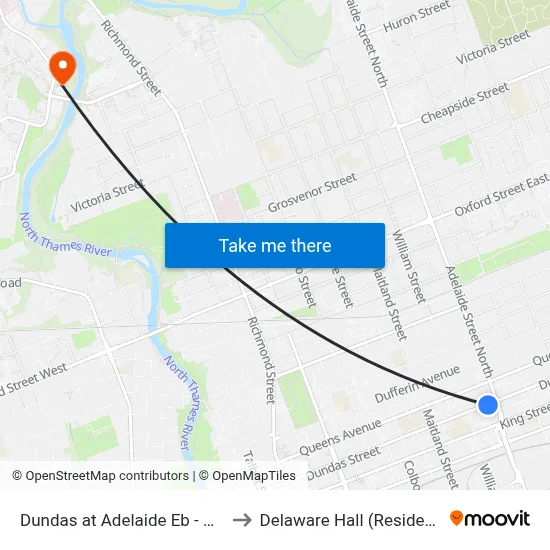 Dundas at Adelaide Eb - #537 to Delaware Hall (Residence) map