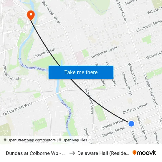 Dundas at Colborne Wb - #553 to Delaware Hall (Residence) map
