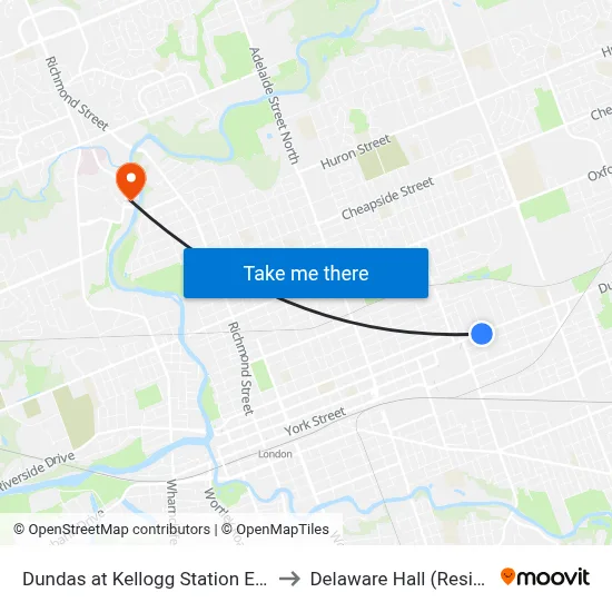 Dundas at Kellogg Station Eb - #583 to Delaware Hall (Residence) map