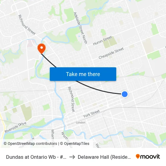 Dundas at Ontario Wb - #593 to Delaware Hall (Residence) map