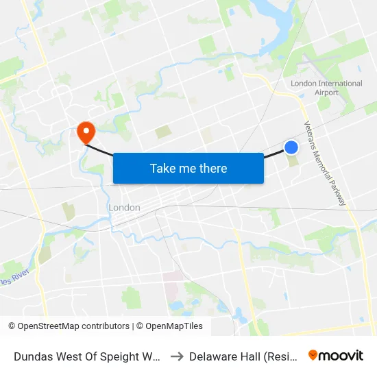 Dundas West Of Speight Wb - #607 to Delaware Hall (Residence) map