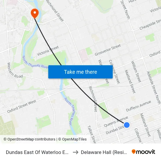 Dundas East Of Waterloo Eb - #614 to Delaware Hall (Residence) map