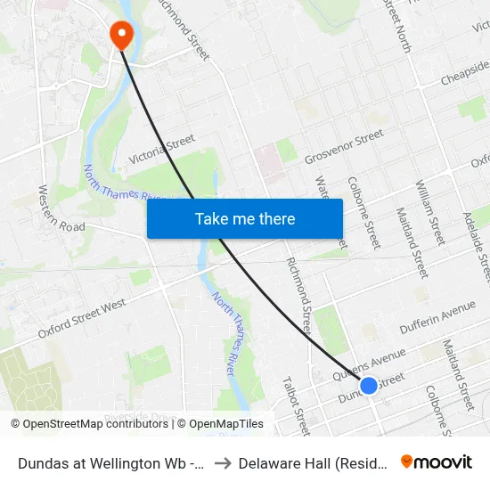 Dundas at Wellington Wb - #620 to Delaware Hall (Residence) map