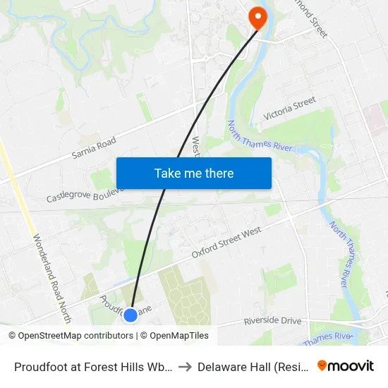 Proudfoot at Forest Hills Wb - #2342 to Delaware Hall (Residence) map