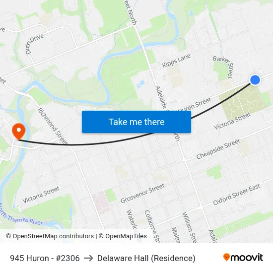 945 Huron - #2306 to Delaware Hall (Residence) map